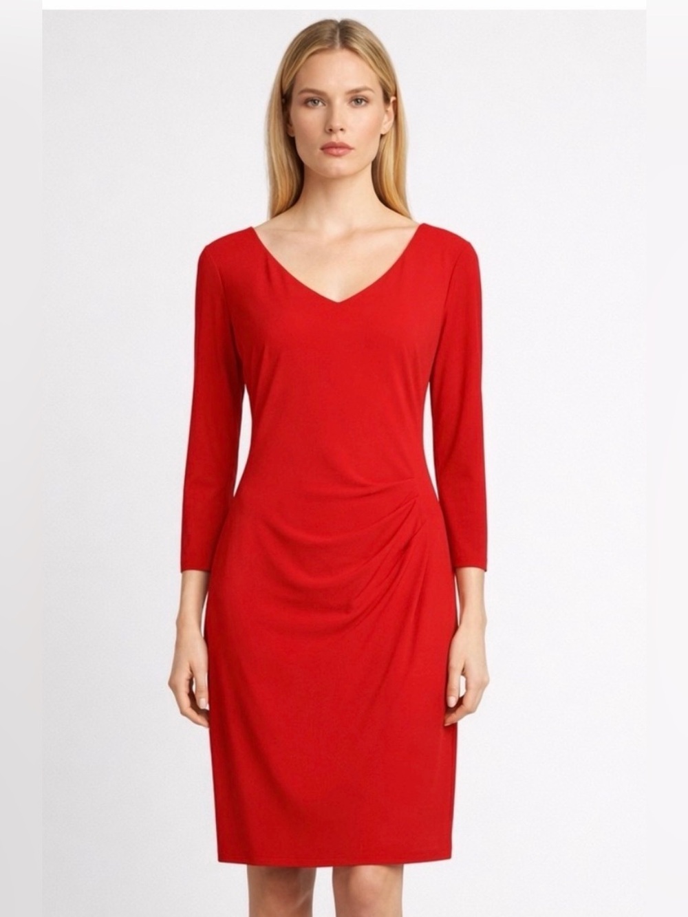 Ralph Lauren LRL‎ Red V-Neck Jersey Midi Dress Ruched Sheath Sz 6 Stretch